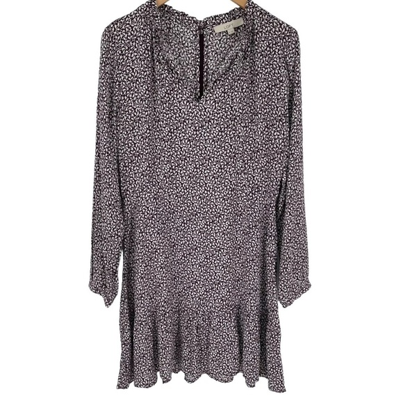 LOFT Dresses & Skirts - Loft Vine Ruffle Tie Neck Dress Knee Length Long Sleeves Purple Women Size 2